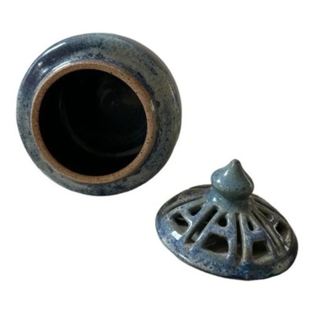 Unique Handcrafted Blue Glazed Ceramic Pottery Lid Bowl Bean Pot Artist Signed 7